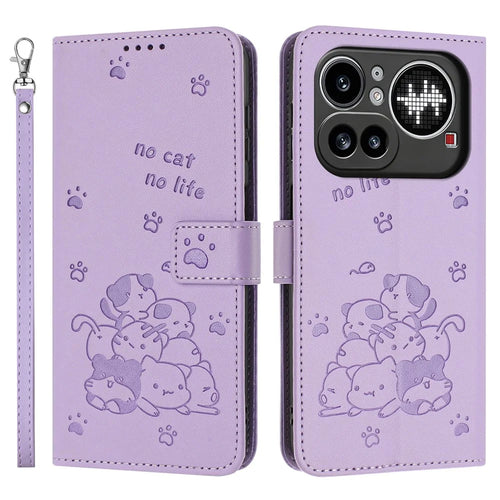 For Nothing Phone (4a) Pro Wallet Case Cats Imprint Leather Phone Cover with Strap - Purple - 1