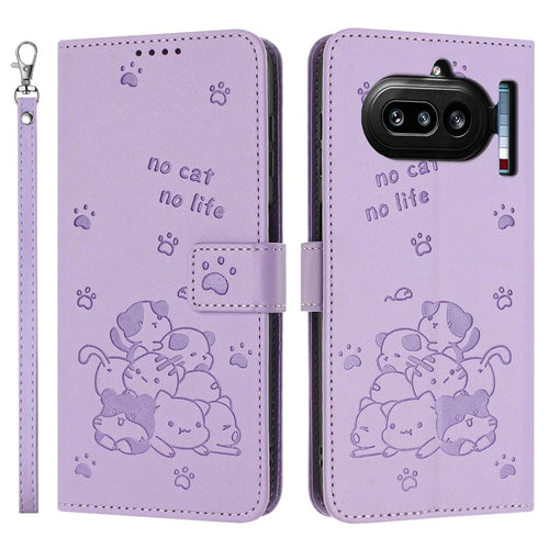 For Nothing Phone (4a) Wallet Case Cats Imprint Leather Phone Cover with Strap - Purple - 1