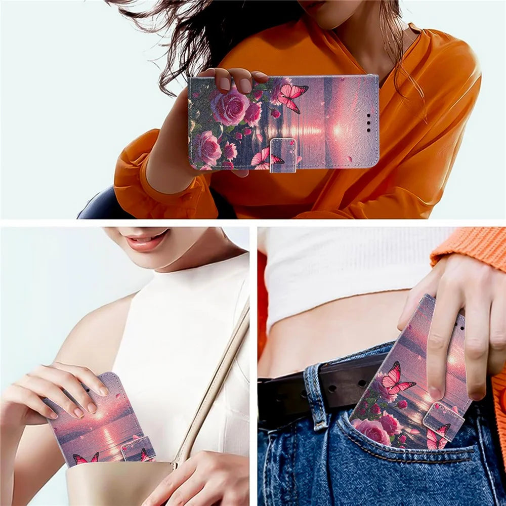 For iPhone 17 Case Pattern Printing PU Leather Flip Wallet Phone Cover with Wrist Strap - Rose Butterfly - 7
