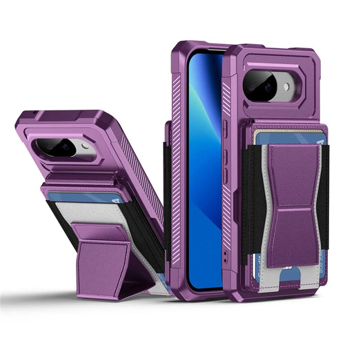 For Google Pixel 10a Case Elastic Band Card Holder Leather + TPU Kickstand Phone Cover - Purple - 1
