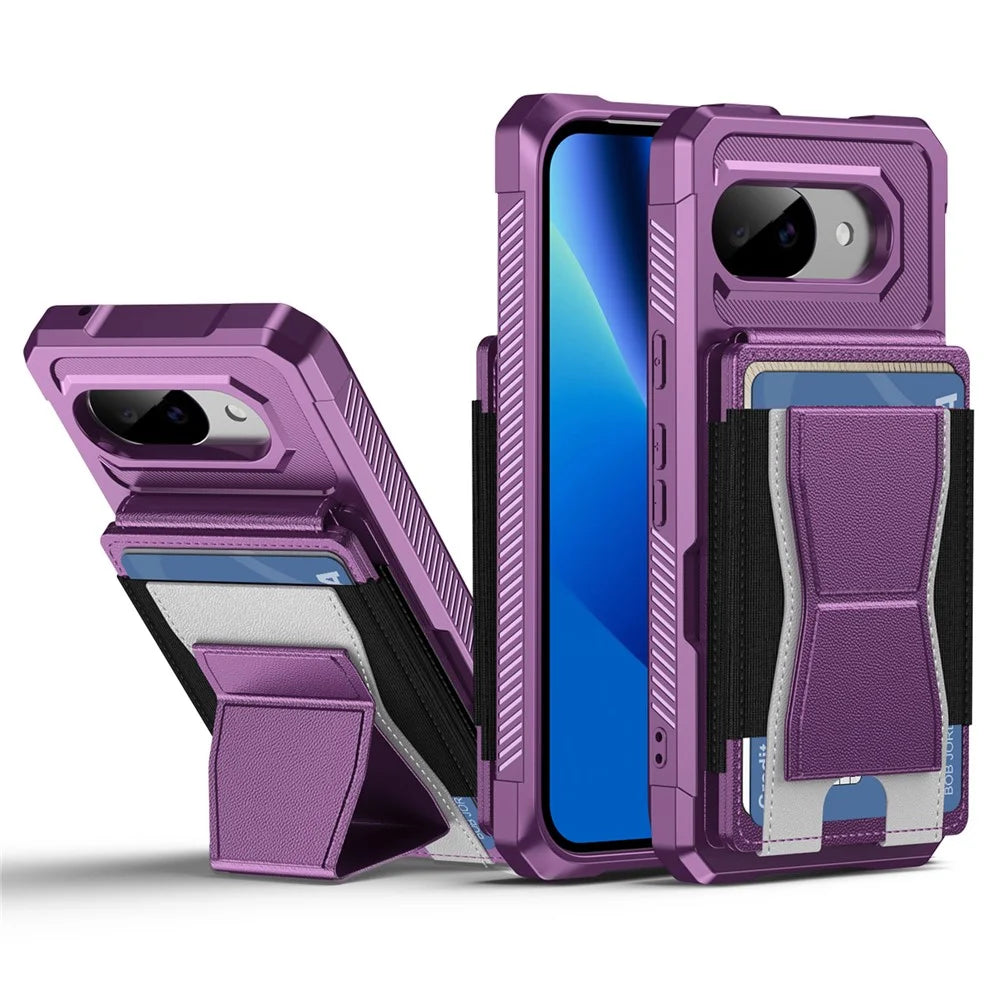 For Google Pixel 9a Case Elastic Band Card Holder Leather + TPU Kickstand Phone Cover - Purple - 1
