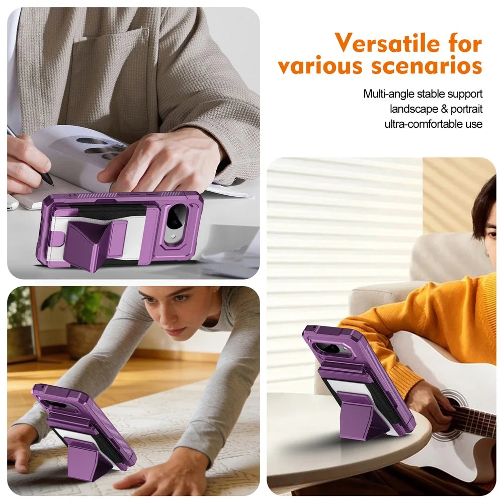 For Google Pixel 9a Case Elastic Band Card Holder Leather + TPU Kickstand Phone Cover - Purple - 4
