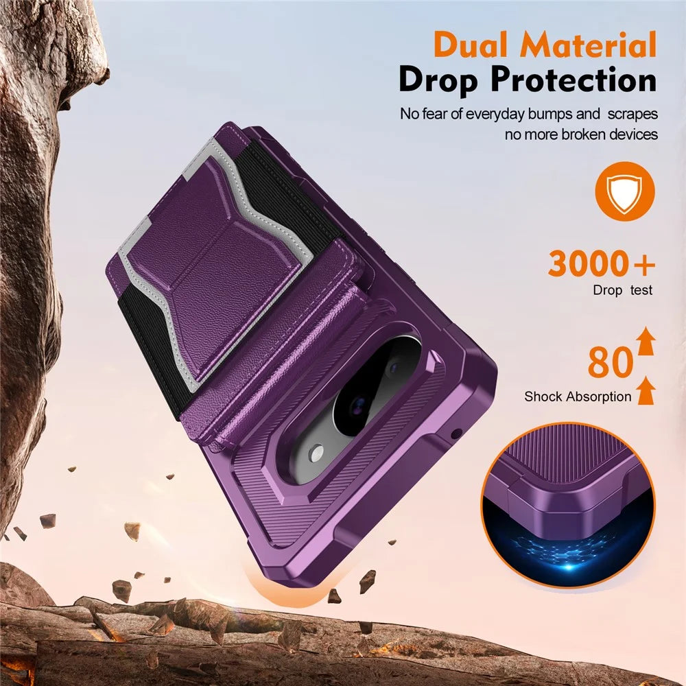 For Google Pixel 9a Case Elastic Band Card Holder Leather + TPU Kickstand Phone Cover - Purple - 6