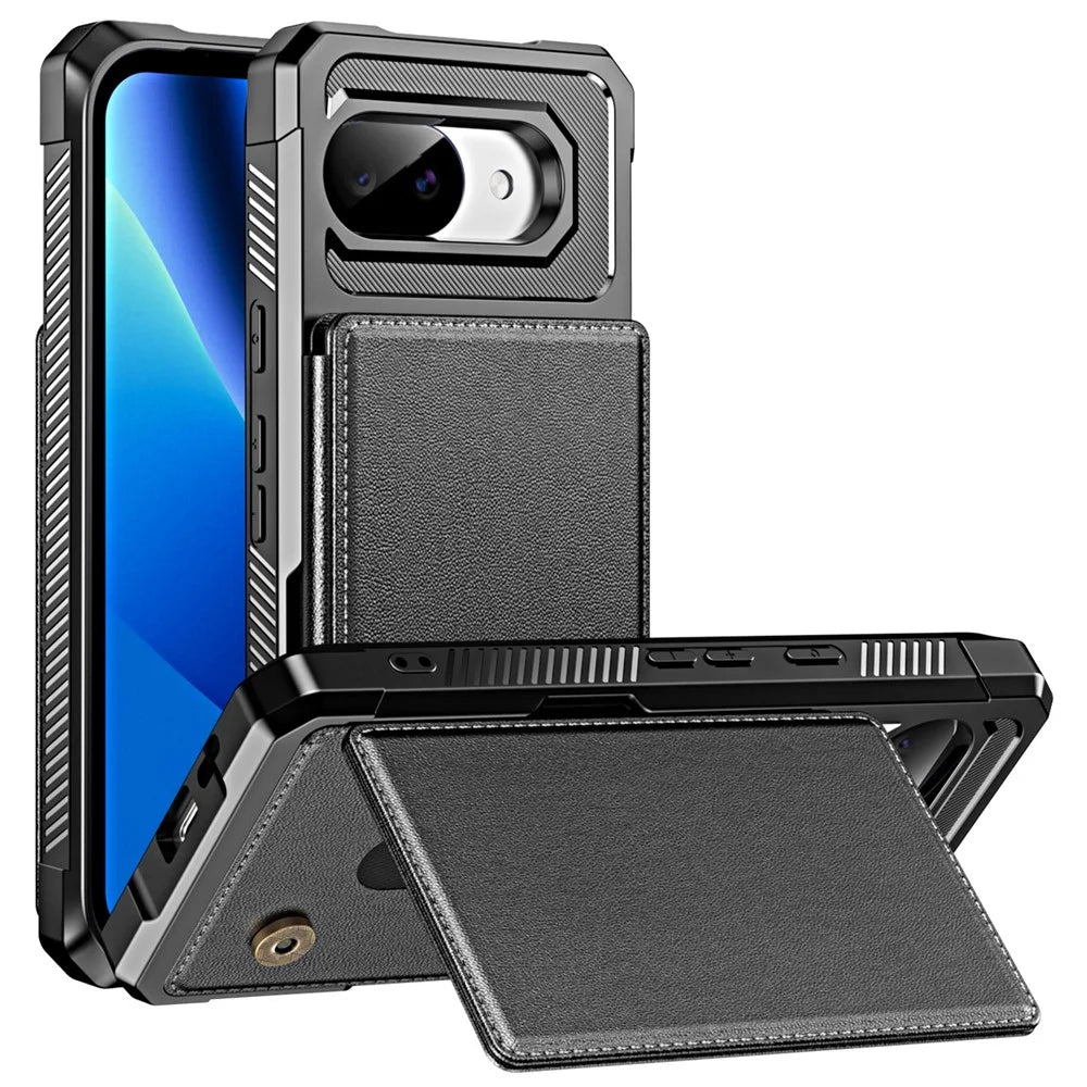 For Google Pixel 9a Case Card Slot Kickstand Leather + TPU Reinforced Corner Phone Cover - Black - 1