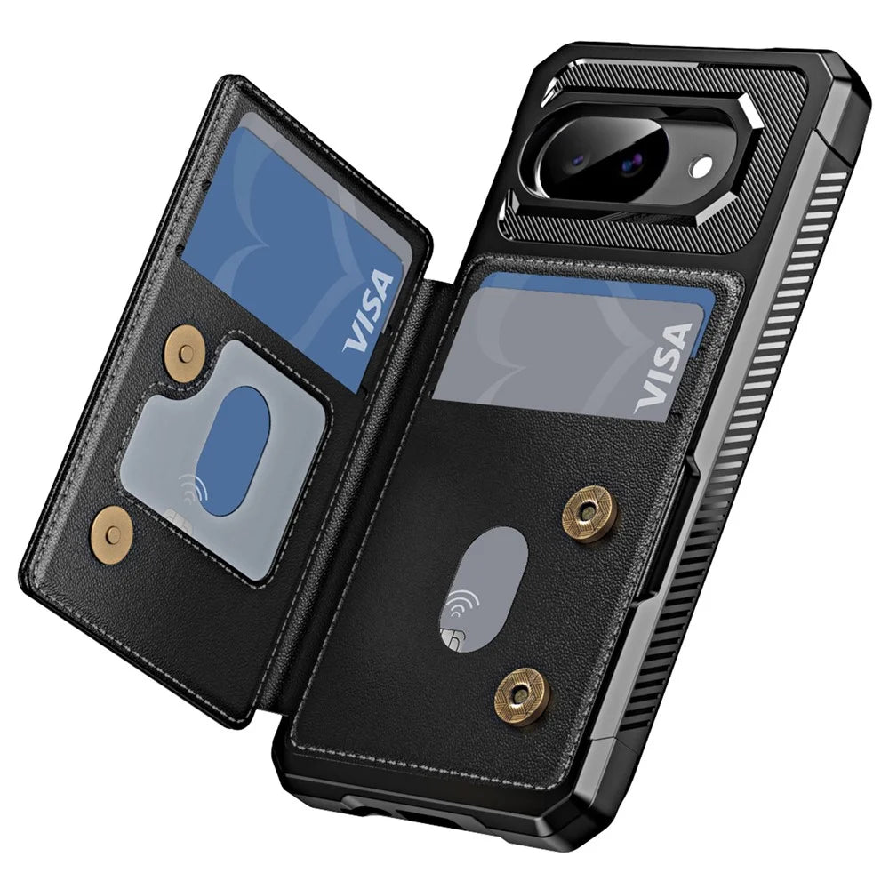 For Google Pixel 9a Case Card Slot Kickstand Leather + TPU Reinforced Corner Phone Cover - Black - 3
