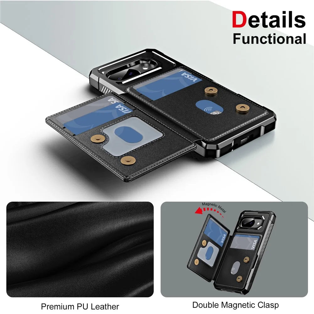 For Google Pixel 9a Case Card Slot Kickstand Leather + TPU Reinforced Corner Phone Cover - Black - 6