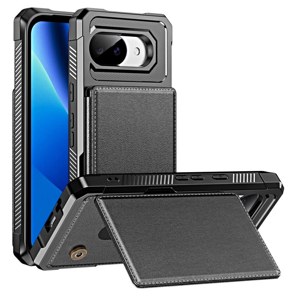 For Google Pixel 10a Case Card Slot Kickstand Leather + TPU Reinforced Corner Phone Cover - Black - 1