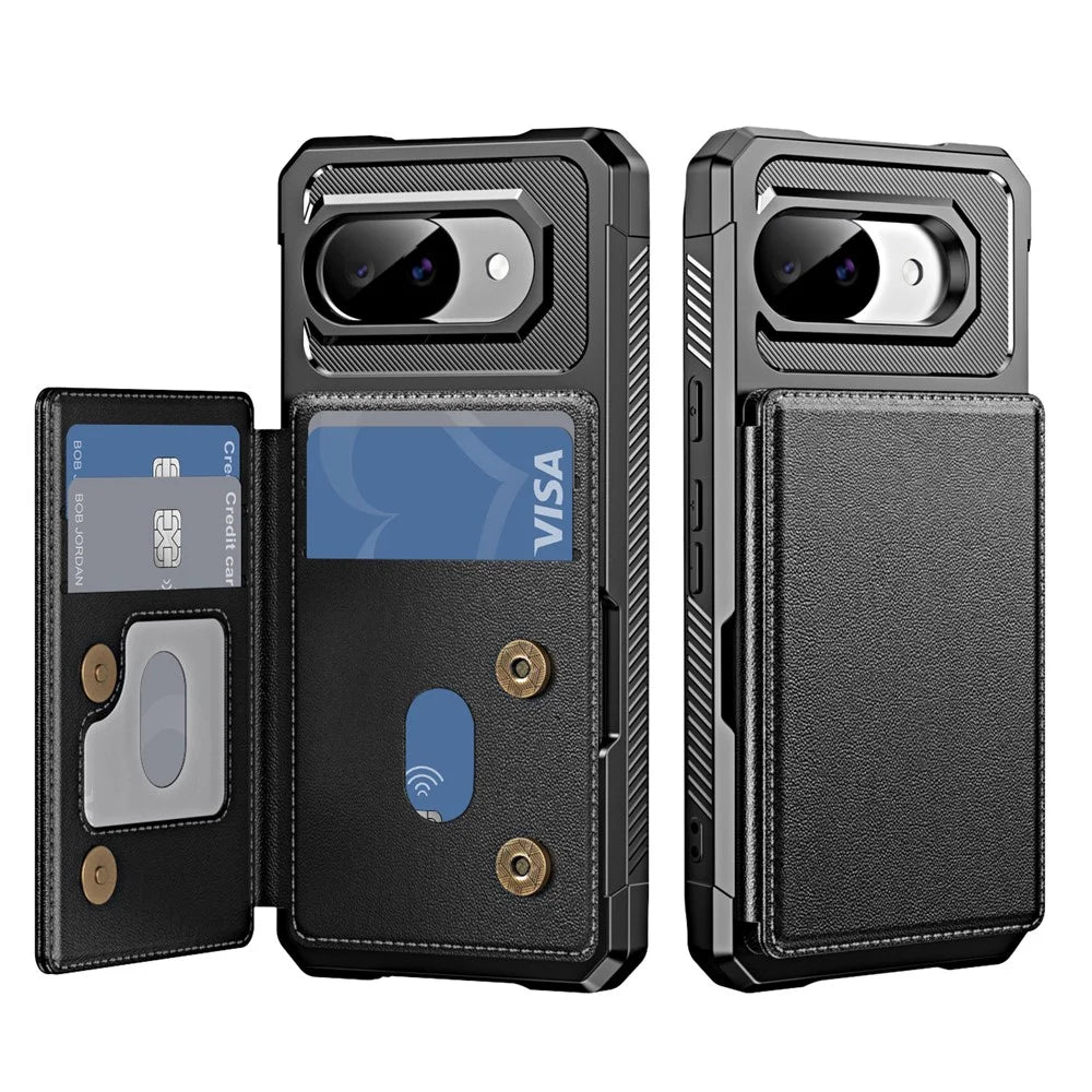 For Google Pixel 10a Case Card Slot Kickstand Leather + TPU Reinforced Corner Phone Cover - Black - 2