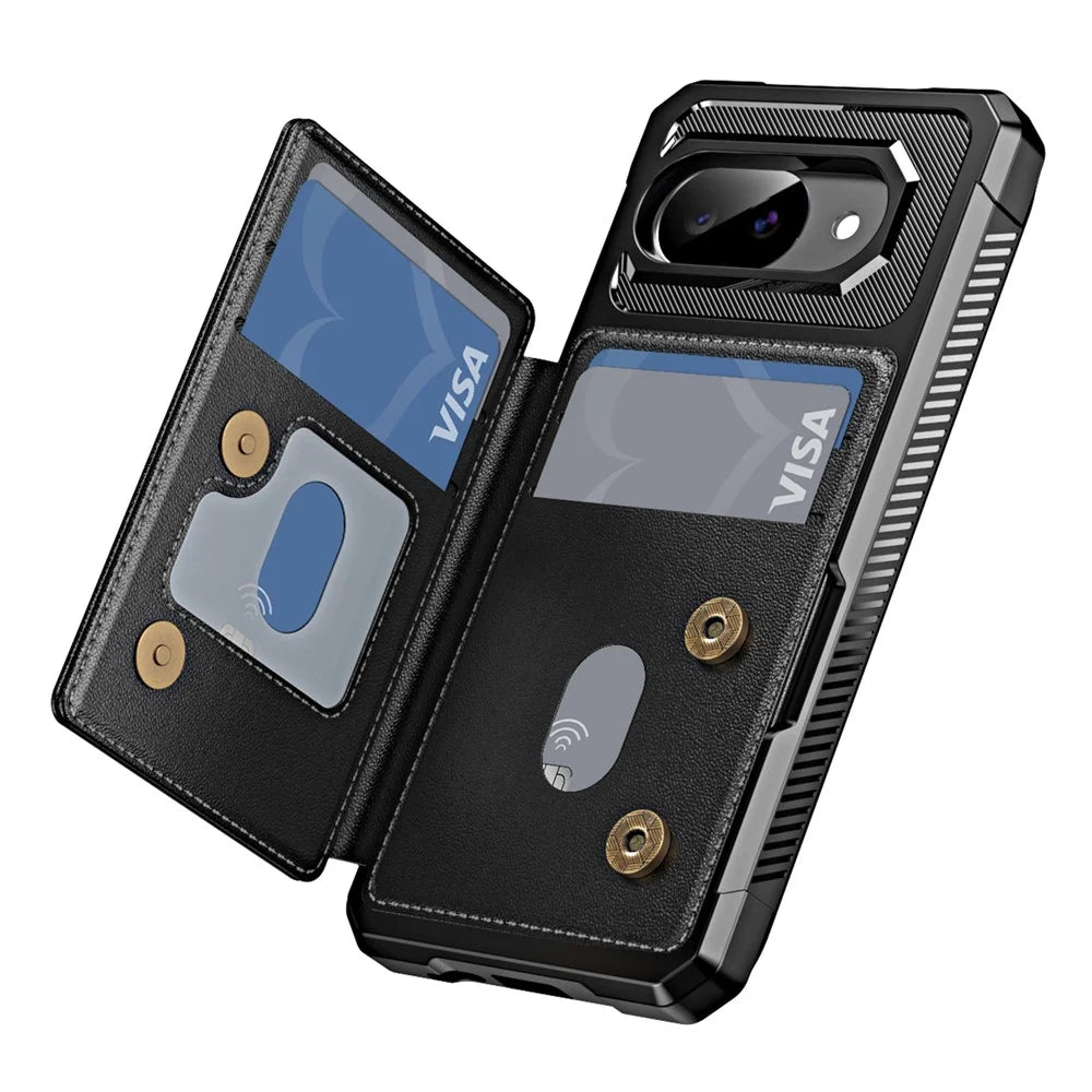 For Google Pixel 10a Case Card Slot Kickstand Leather + TPU Reinforced Corner Phone Cover - Black - 3