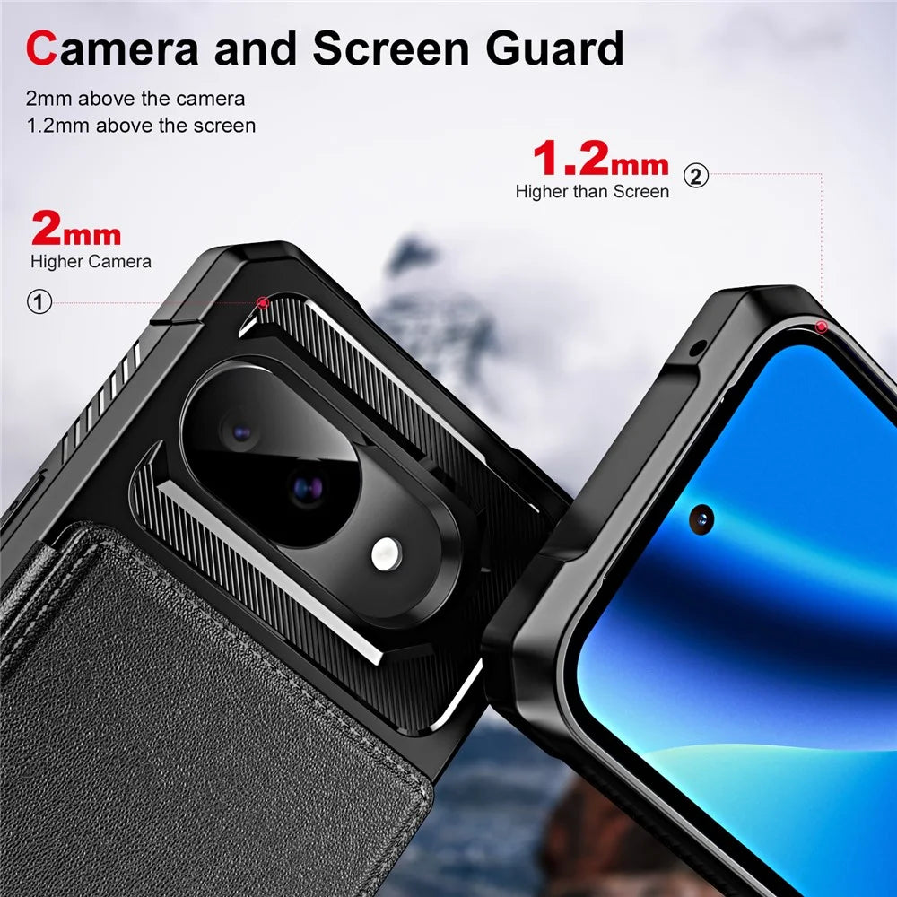 For Google Pixel 10a Case Card Slot Kickstand Leather + TPU Reinforced Corner Phone Cover - Black - 5