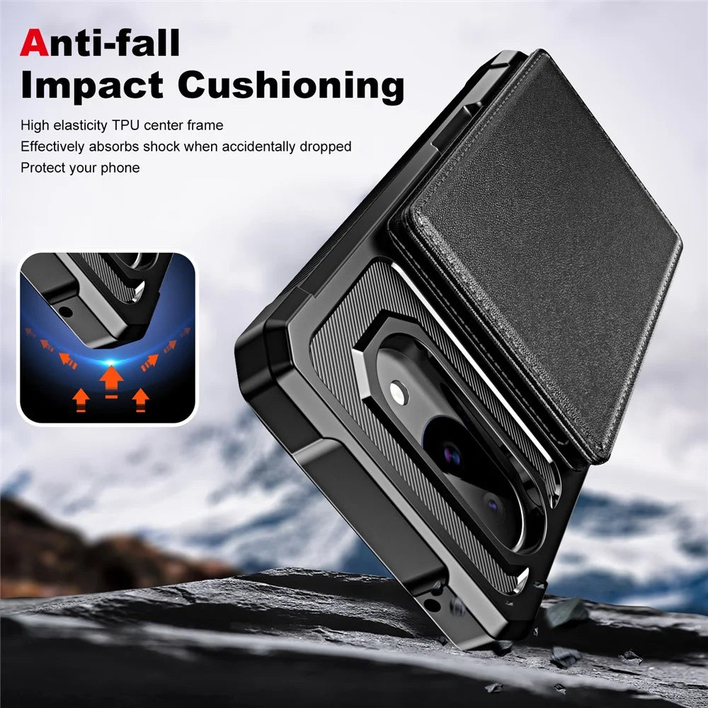 For Google Pixel 10a Case Card Slot Kickstand Leather + TPU Reinforced Corner Phone Cover - Black - 7