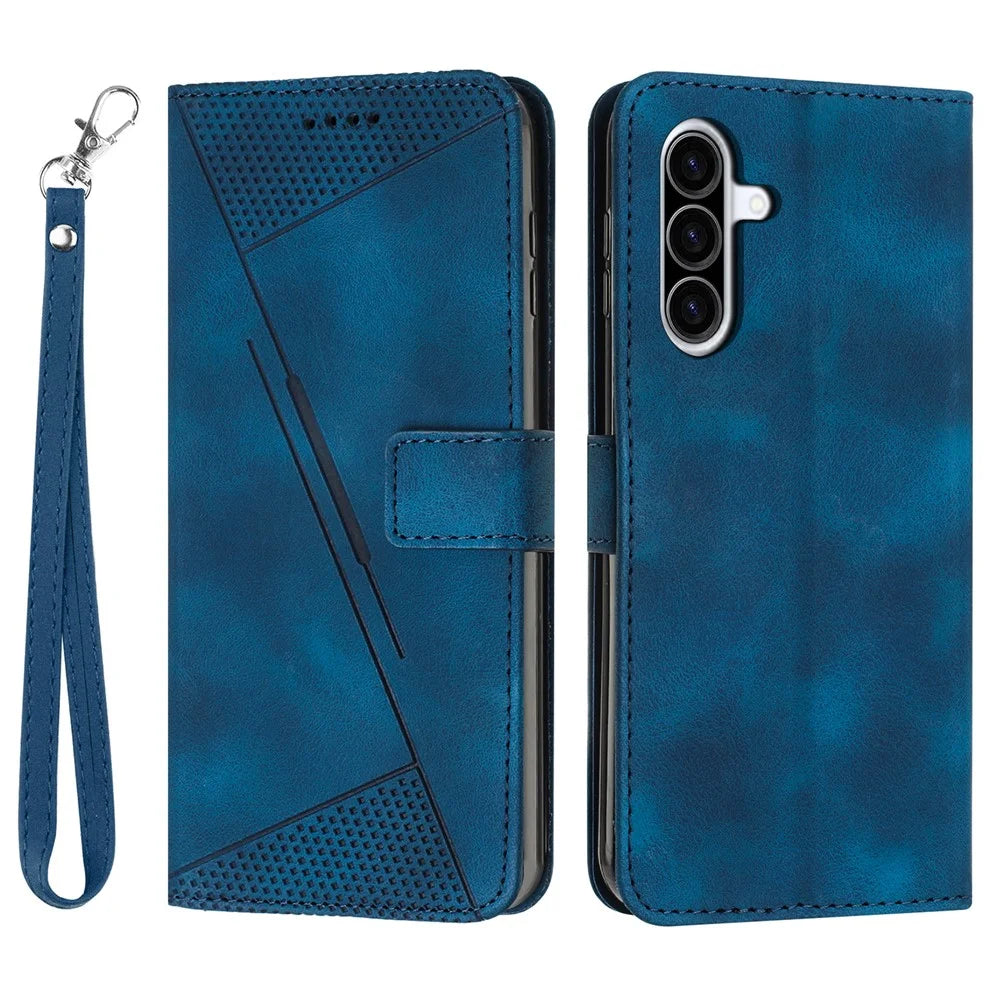 For Samsung Galaxy A27 5G Leather Case Imprinted Triangle Phone Cover with Hand Strap - Blue - 1
