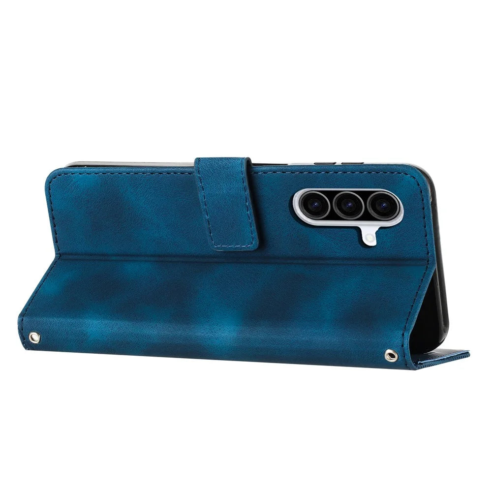 For Samsung Galaxy A27 5G Leather Case Imprinted Triangle Phone Cover with Hand Strap - Blue - 2