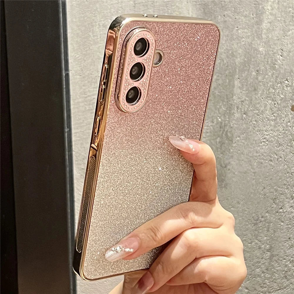 For Samsung Galaxy S26 Case Gradient Glitter TPU+PC Phone Cover with Rhinestones Decor Camera Frame - Gradient Pink - 1