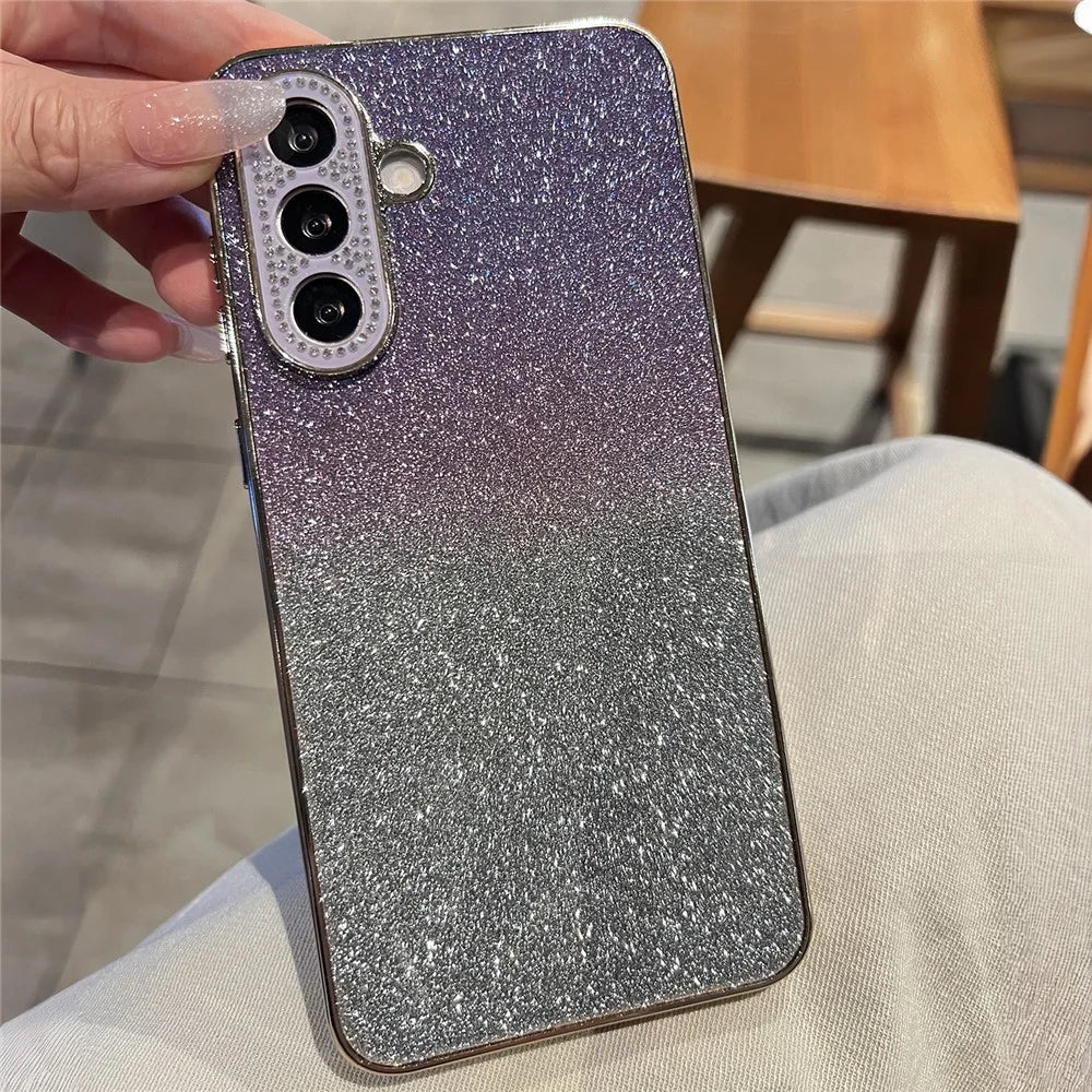 For Samsung Galaxy S26+ Case Gradient Glitter TPU+PC Phone Cover with Rhinestones Decor Camera Frame - Gradient Purple - 2