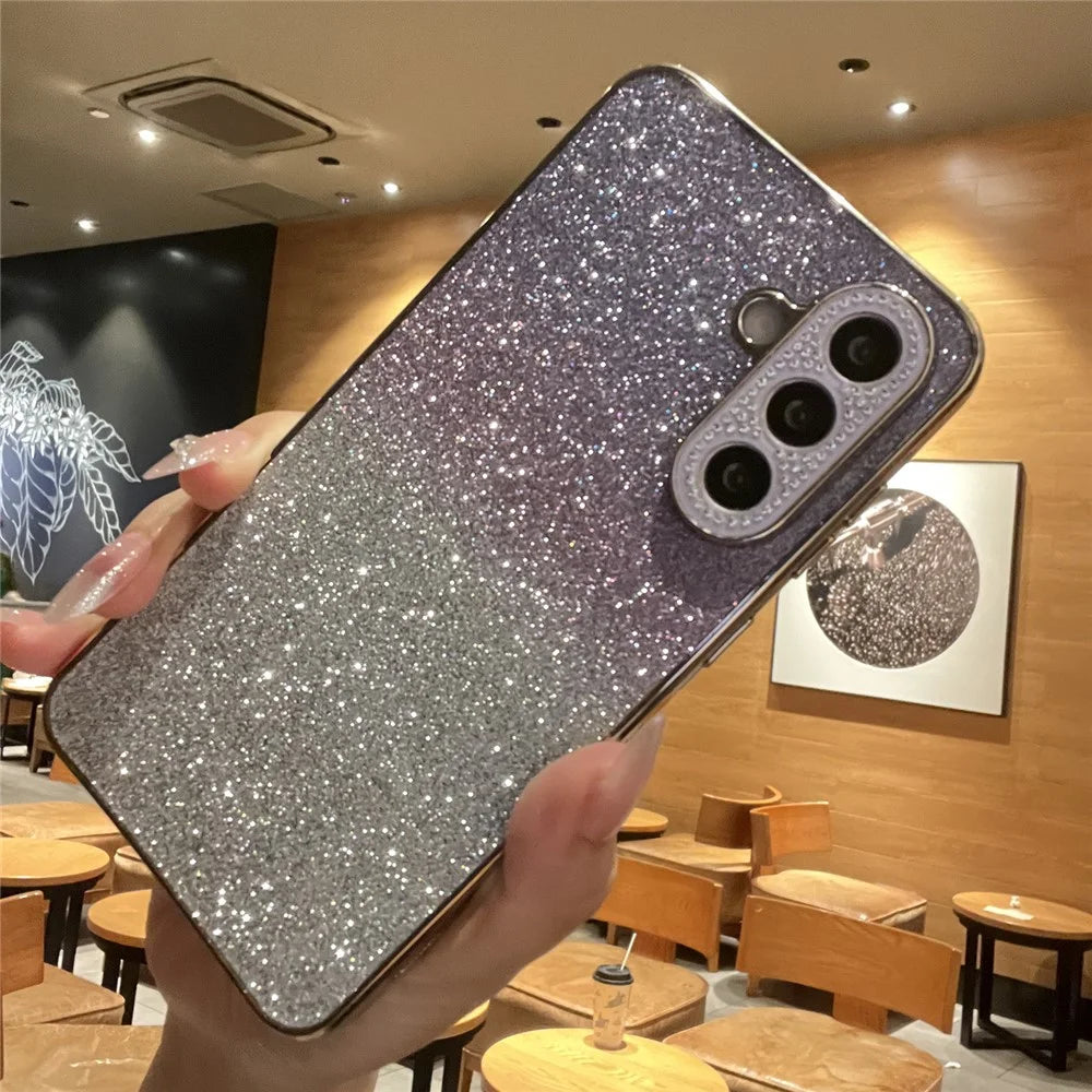 For Samsung Galaxy S26+ Case Gradient Glitter TPU+PC Phone Cover with Rhinestones Decor Camera Frame - Gradient Purple - 5