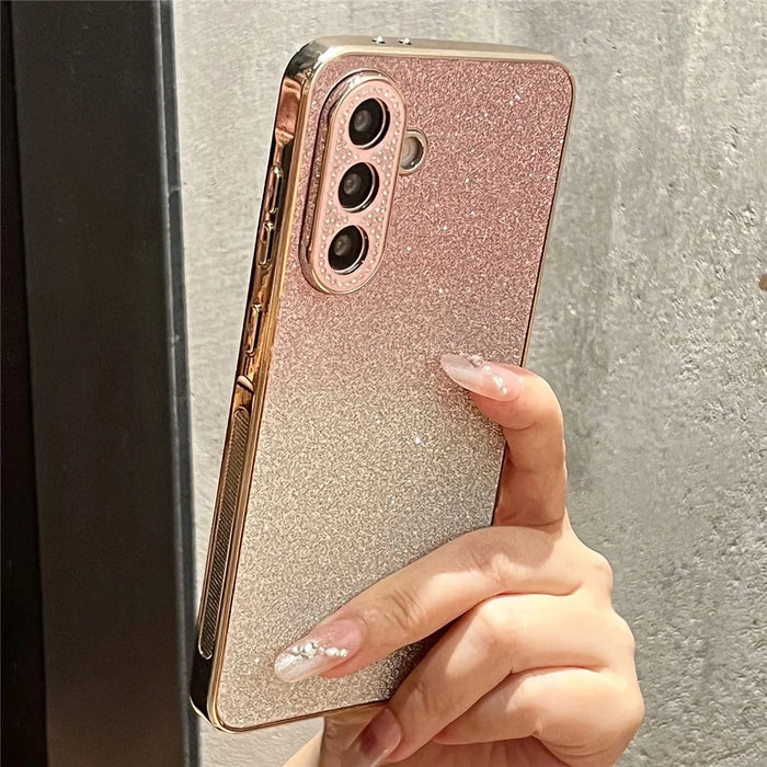 For Samsung Galaxy A37 5G Case Gradient Glitter TPU+PC Phone Cover with Rhinestones Decor Camera Frame - Gradient Pink - 1