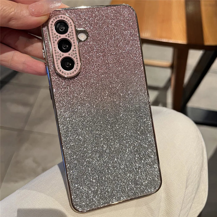 For Samsung Galaxy A37 5G Case Gradient Glitter TPU+PC Phone Cover with Rhinestones Decor Camera Frame - Gradient Pink - 2