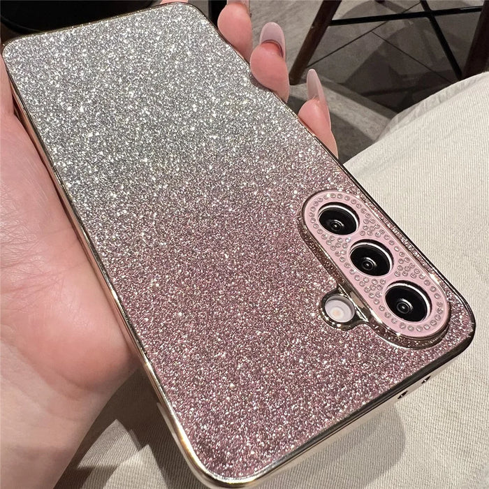 For Samsung Galaxy A37 5G Case Gradient Glitter TPU+PC Phone Cover with Rhinestones Decor Camera Frame - Gradient Pink - 3