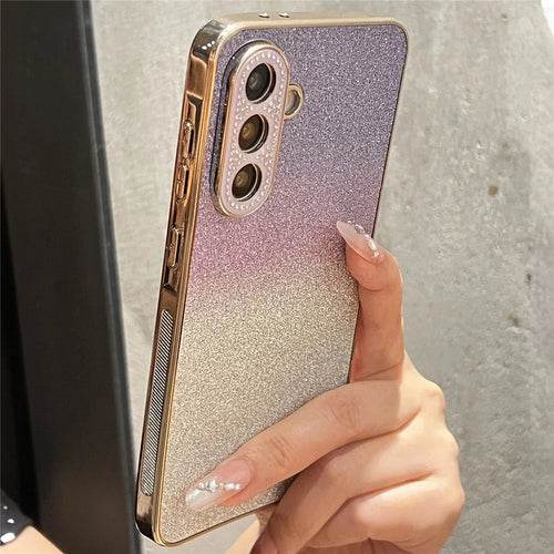 For Samsung Galaxy A57 5G Case Gradient Glitter TPU+PC Phone Cover with Rhinestones Decor Camera Frame - Gradient Purple - 1