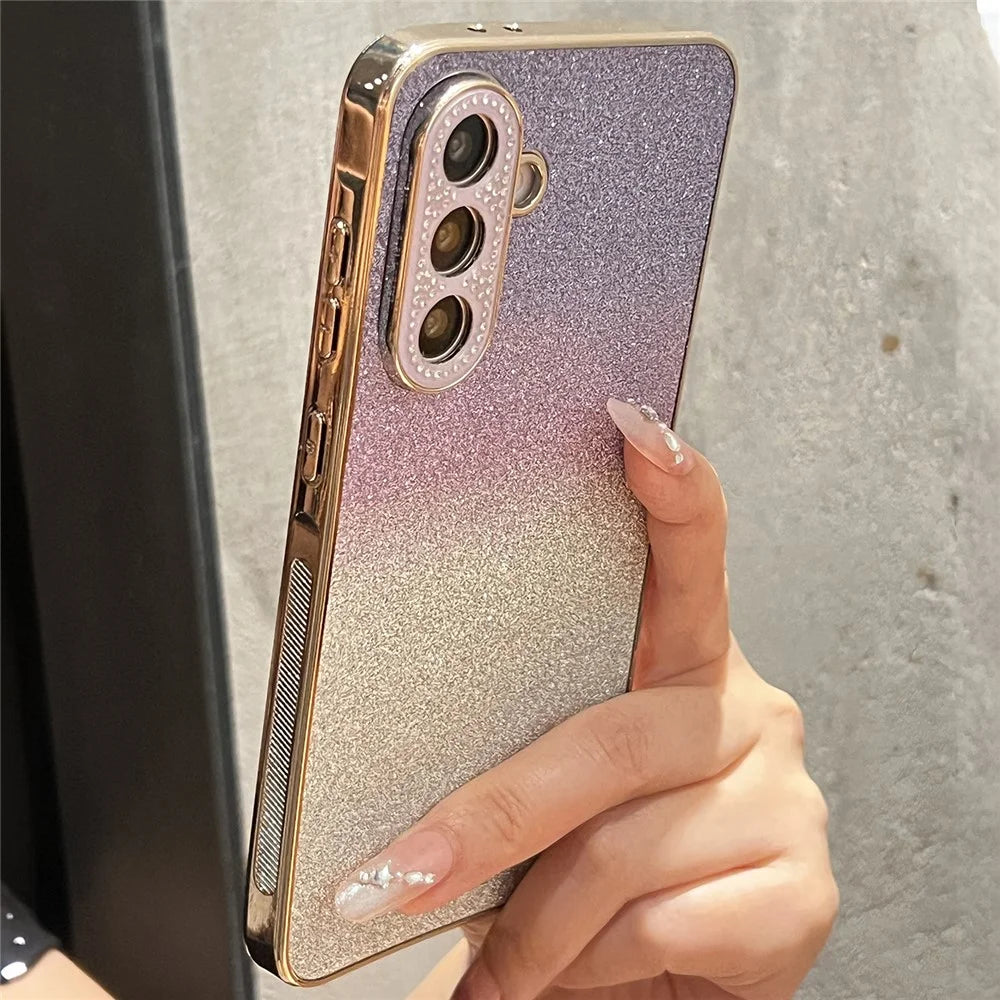 For Samsung Galaxy A57 5G Case Gradient Glitter TPU+PC Phone Cover with Rhinestones Decor Camera Frame - Gradient Purple - 1