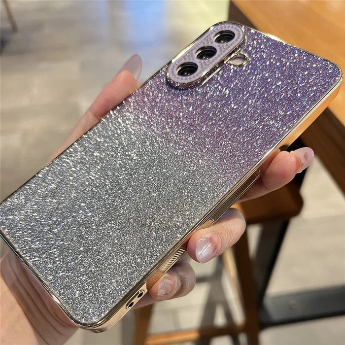 For Samsung Galaxy A57 5G Case Gradient Glitter TPU+PC Phone Cover with Rhinestones Decor Camera Frame - Gradient Purple - 4