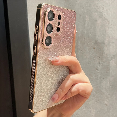 For Samsung Galaxy S25 Ultra Case Gradient Glitter TPU+PC Phone Cover with Rhinestones Decor Camera Frame - Gradient Pink - 1