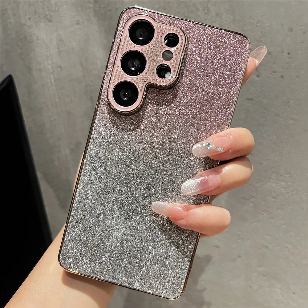 For Samsung Galaxy S25 Ultra Case Gradient Glitter TPU+PC Phone Cover with Rhinestones Decor Camera Frame - Gradient Pink - 2