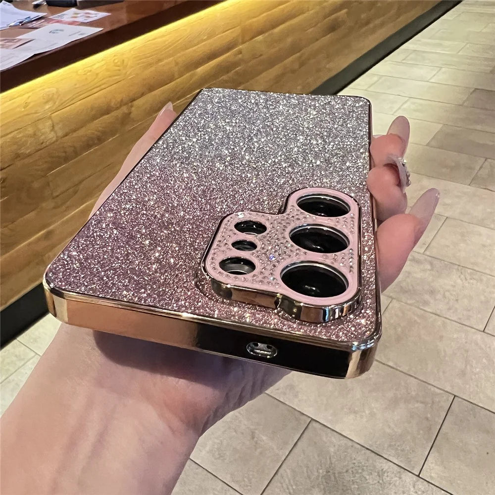 For Samsung Galaxy S25 Ultra Case Gradient Glitter TPU+PC Phone Cover with Rhinestones Decor Camera Frame - Gradient Pink - 3