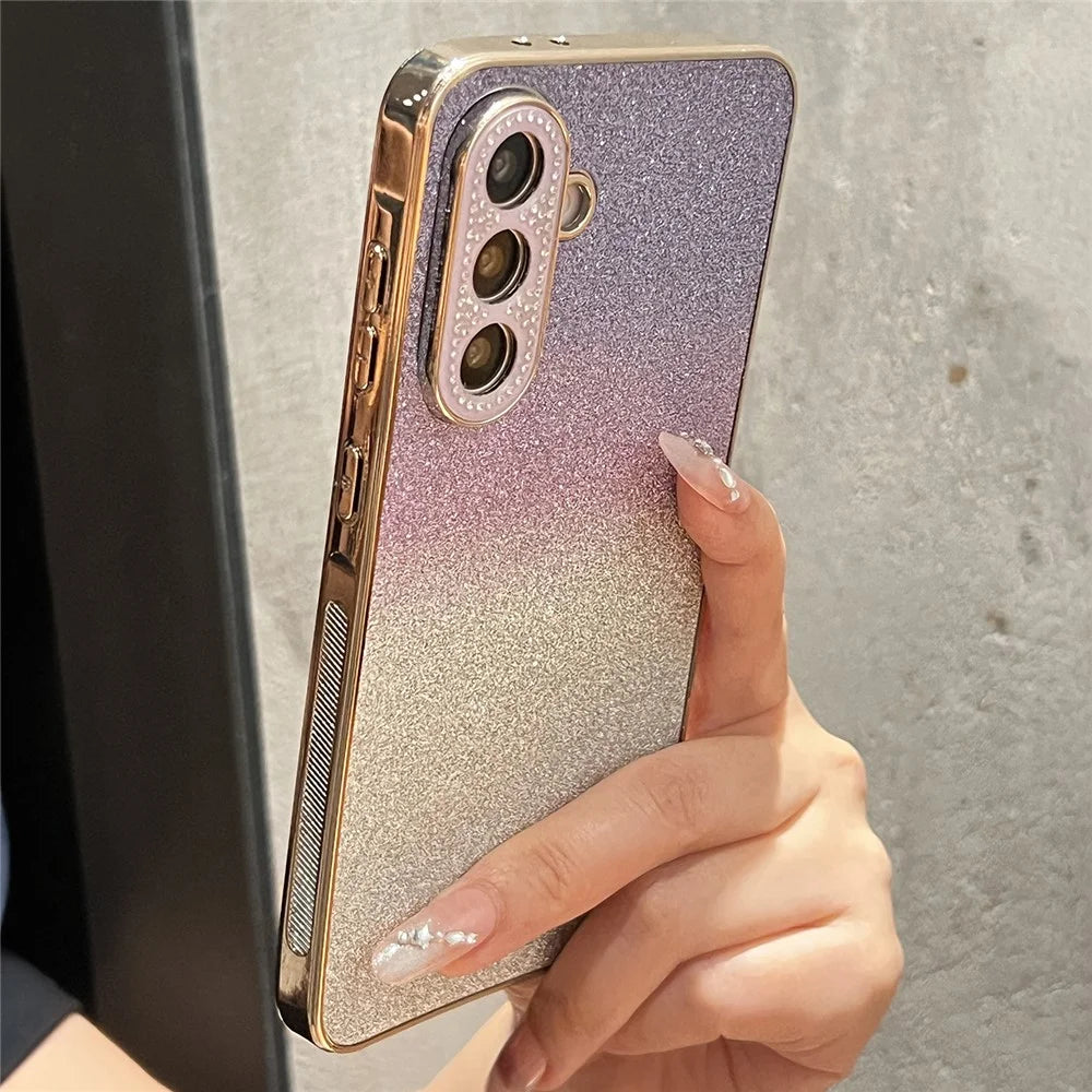 For Samsung Galaxy A36 5G Case Gradient Glitter TPU+PC Phone Cover with Rhinestones Decor Camera Frame - Gradient Purple - 1
