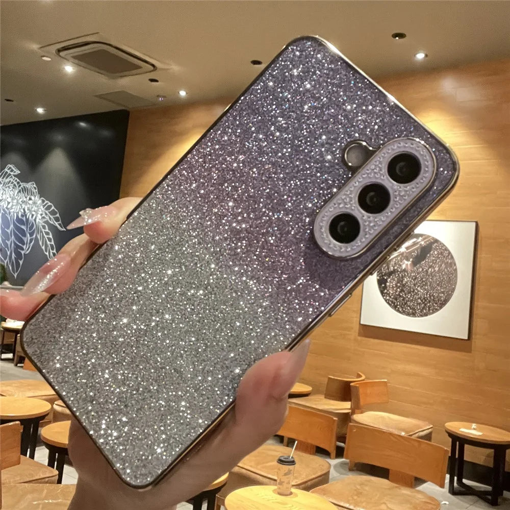 For Samsung Galaxy A36 5G Case Gradient Glitter TPU+PC Phone Cover with Rhinestones Decor Camera Frame - Gradient Purple - 2