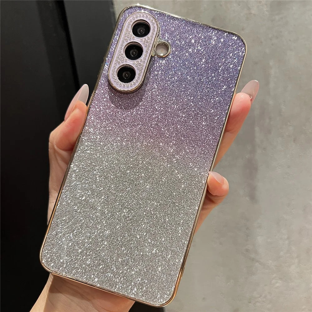 For Samsung Galaxy A36 5G Case Gradient Glitter TPU+PC Phone Cover with Rhinestones Decor Camera Frame - Gradient Purple - 3