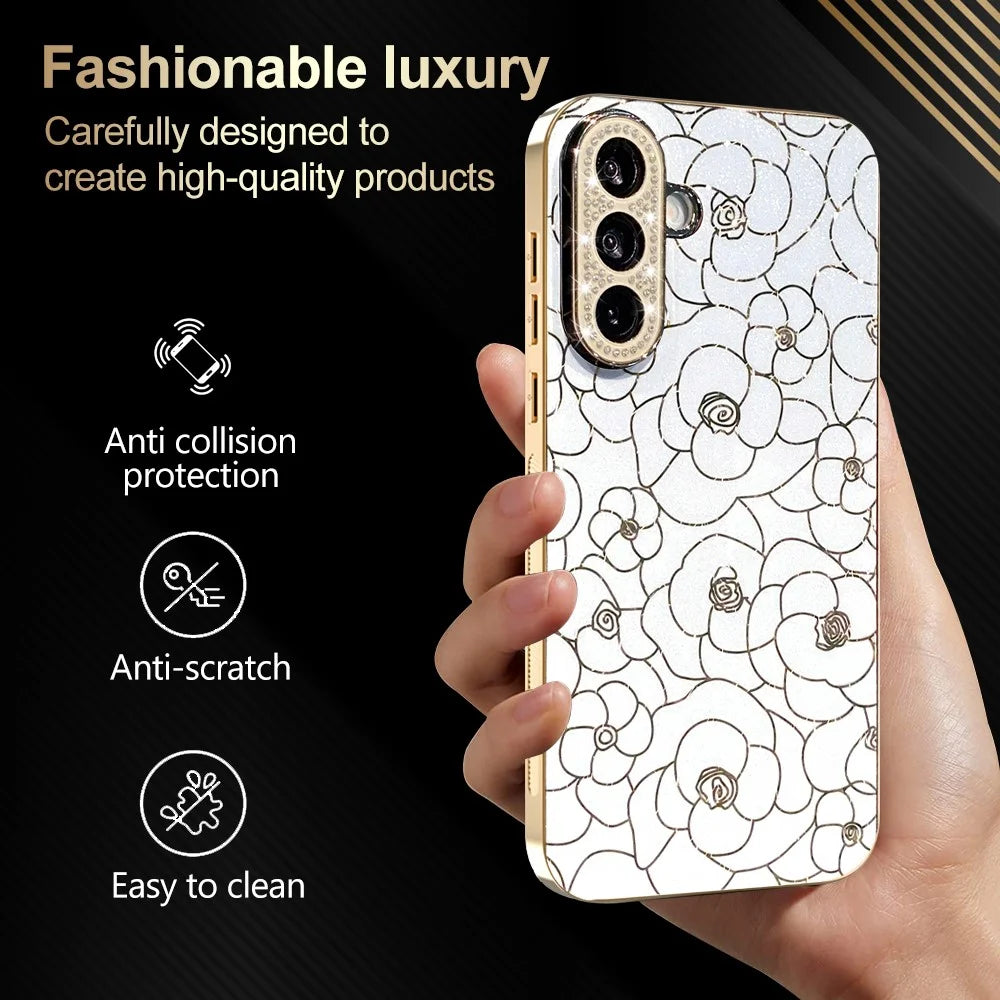 For Samsung Galaxy A57 5G Case Diamond Camera Ring Flower Pattern TPU PC Shockproof Protective Case - White - 3