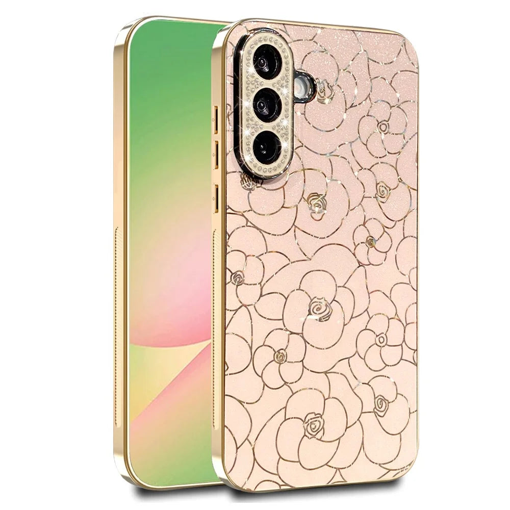 For Samsung Galaxy A26 5G Case Diamond Camera Ring Flower Pattern TPU PC Shockproof Protective Case - Pink - 1