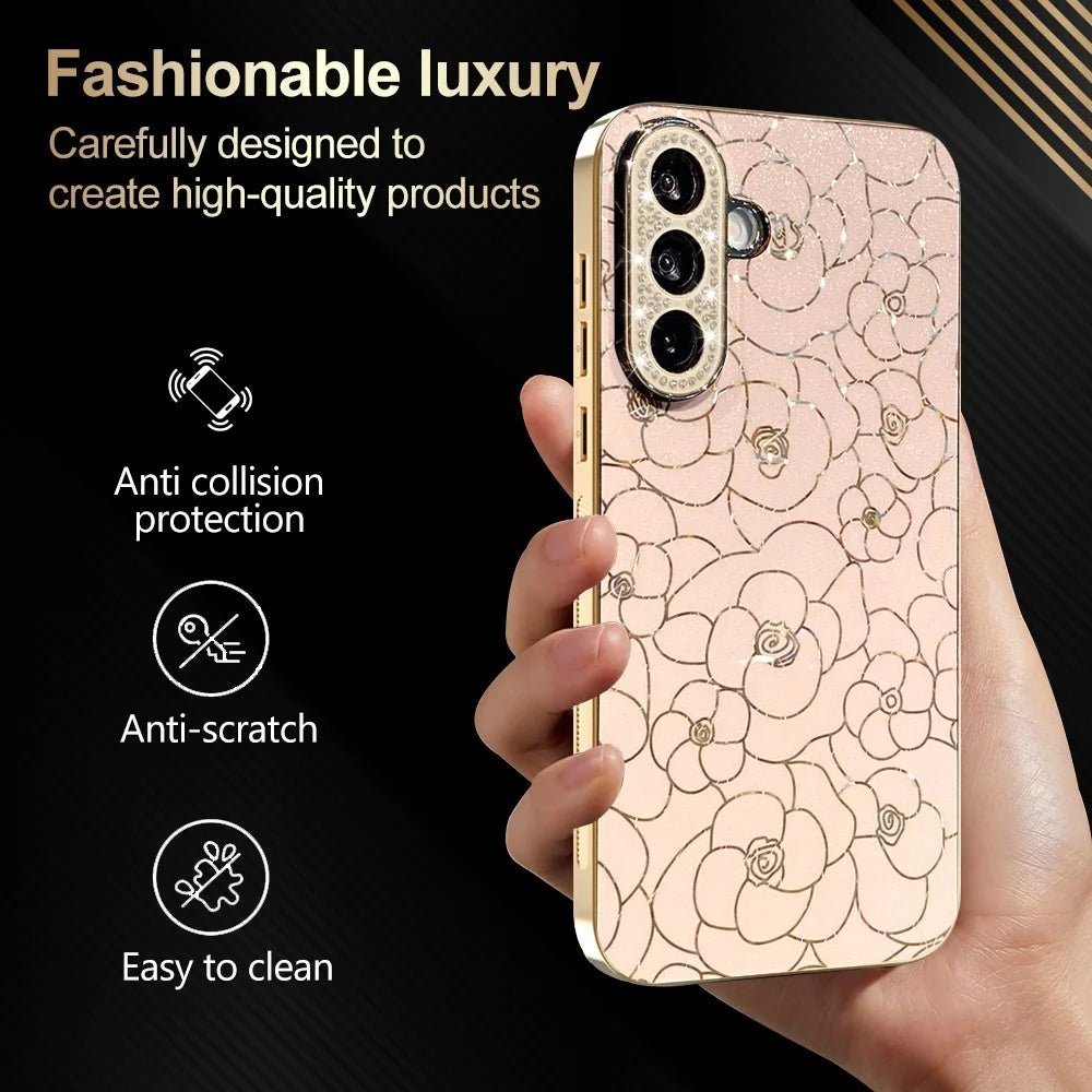 For Samsung Galaxy A26 5G Case Diamond Camera Ring Flower Pattern TPU PC Shockproof Protective Case - Pink - 3