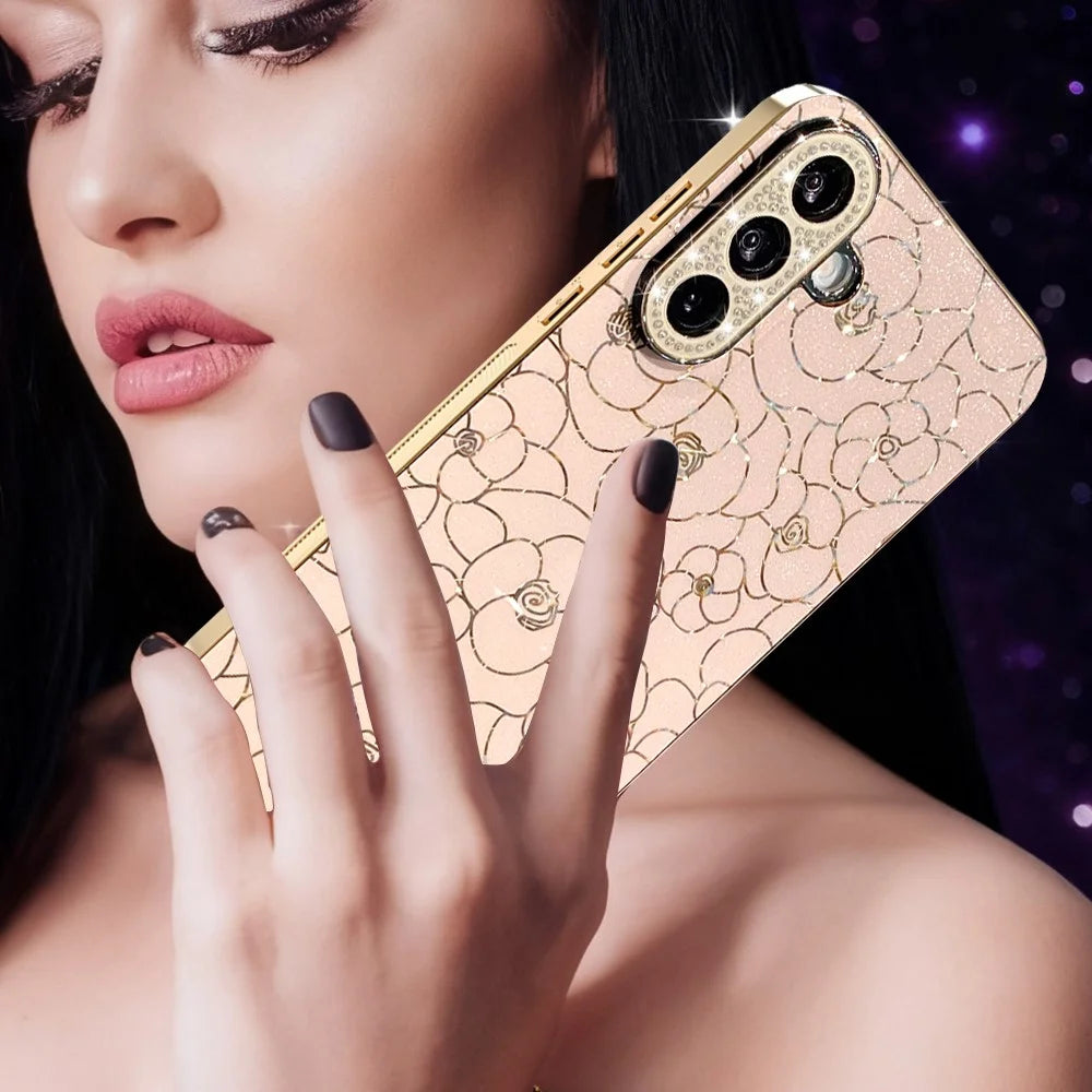 For Samsung Galaxy A26 5G Case Diamond Camera Ring Flower Pattern TPU PC Shockproof Protective Case - Pink - 5