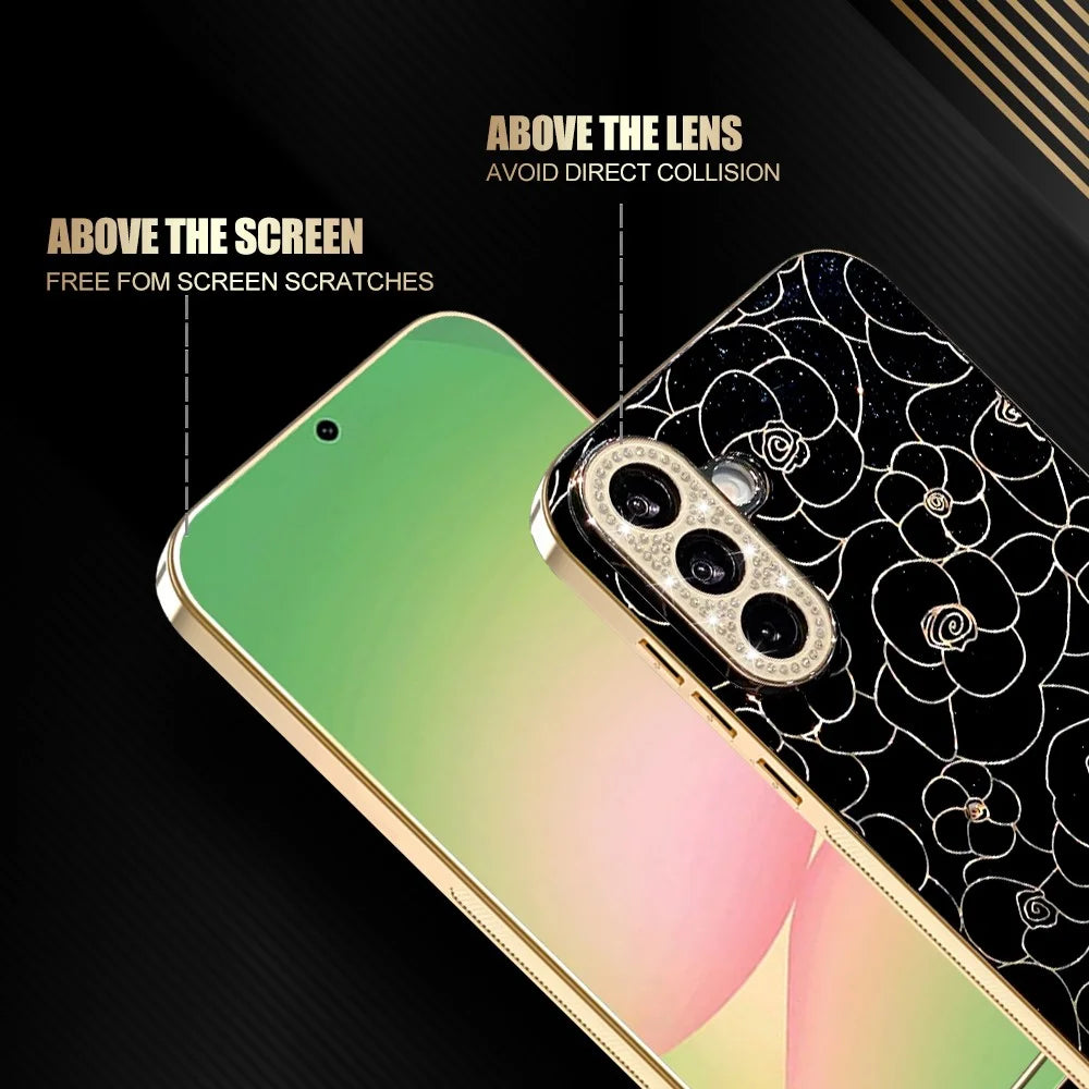 For Samsung Galaxy A36 5G Case Diamond Camera Ring Flower Pattern TPU PC Shockproof Protective Case - Black - 2