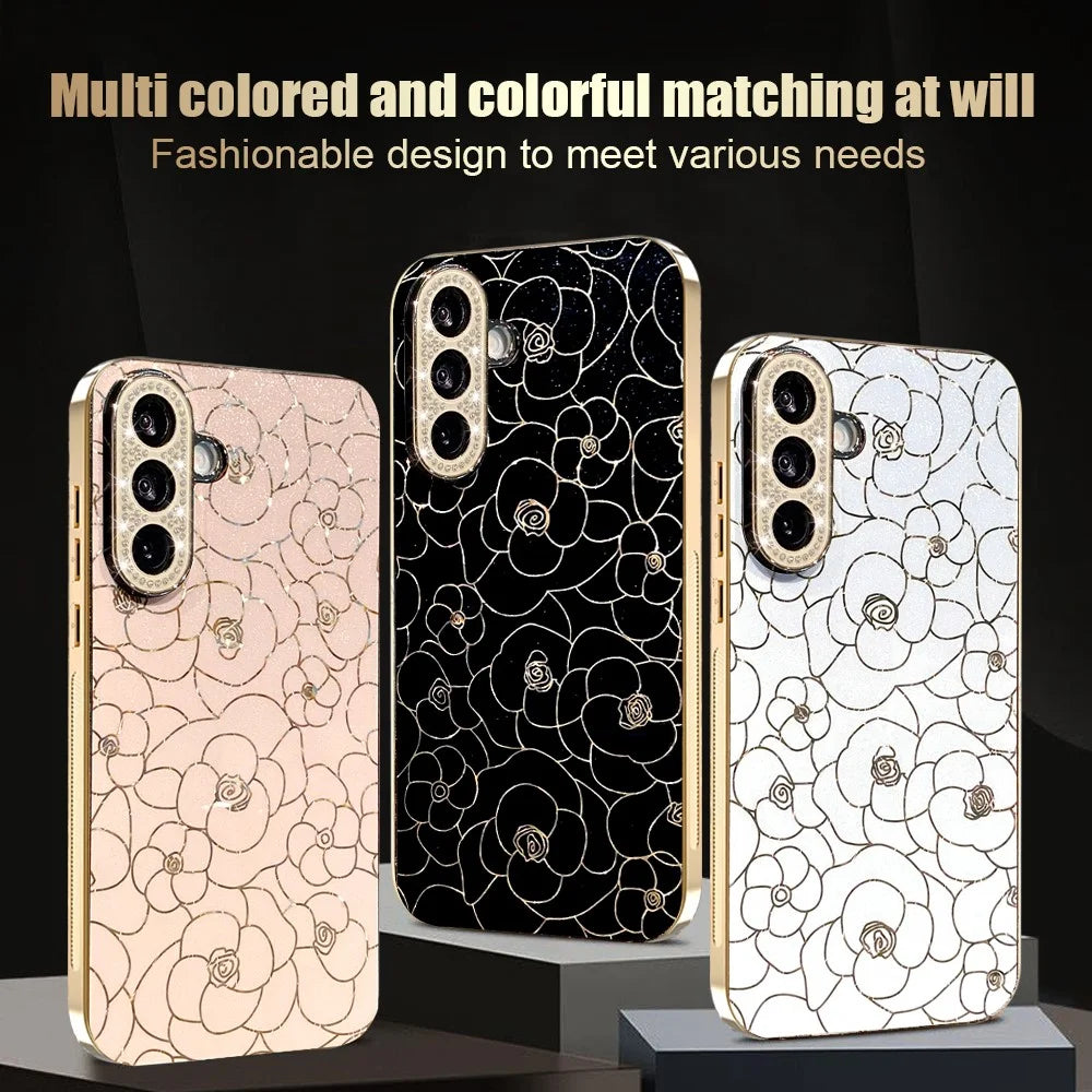 For Samsung Galaxy A36 5G Case Diamond Camera Ring Flower Pattern TPU PC Shockproof Protective Case - Black - 6