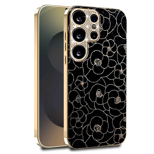 For Samsung Galaxy S25 Ultra Case Diamond Camera Ring Flower Pattern TPU PC Shockproof Protective Case - Black - 1