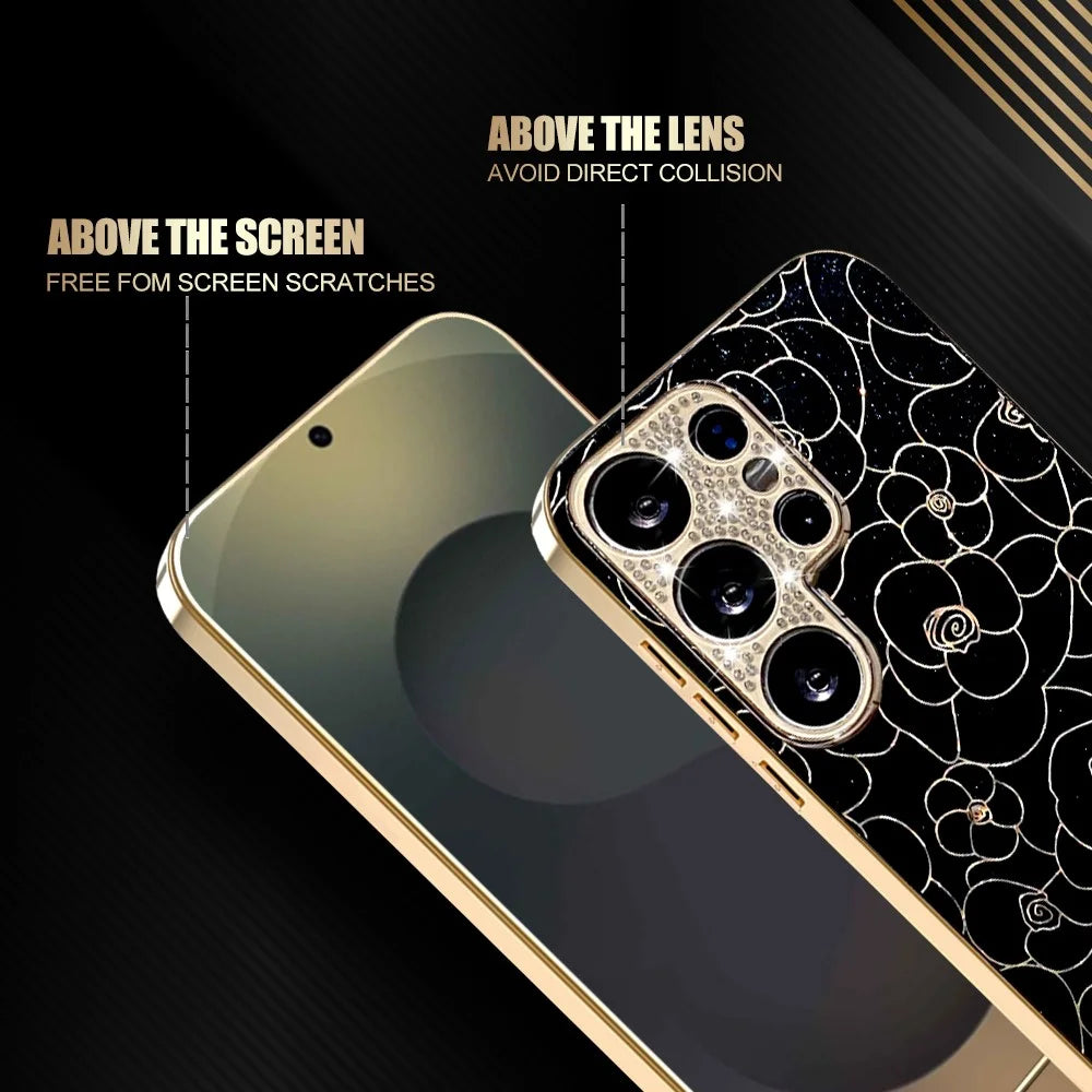 For Samsung Galaxy S25 Ultra Case Diamond Camera Ring Flower Pattern TPU PC Shockproof Protective Case - Black - 2