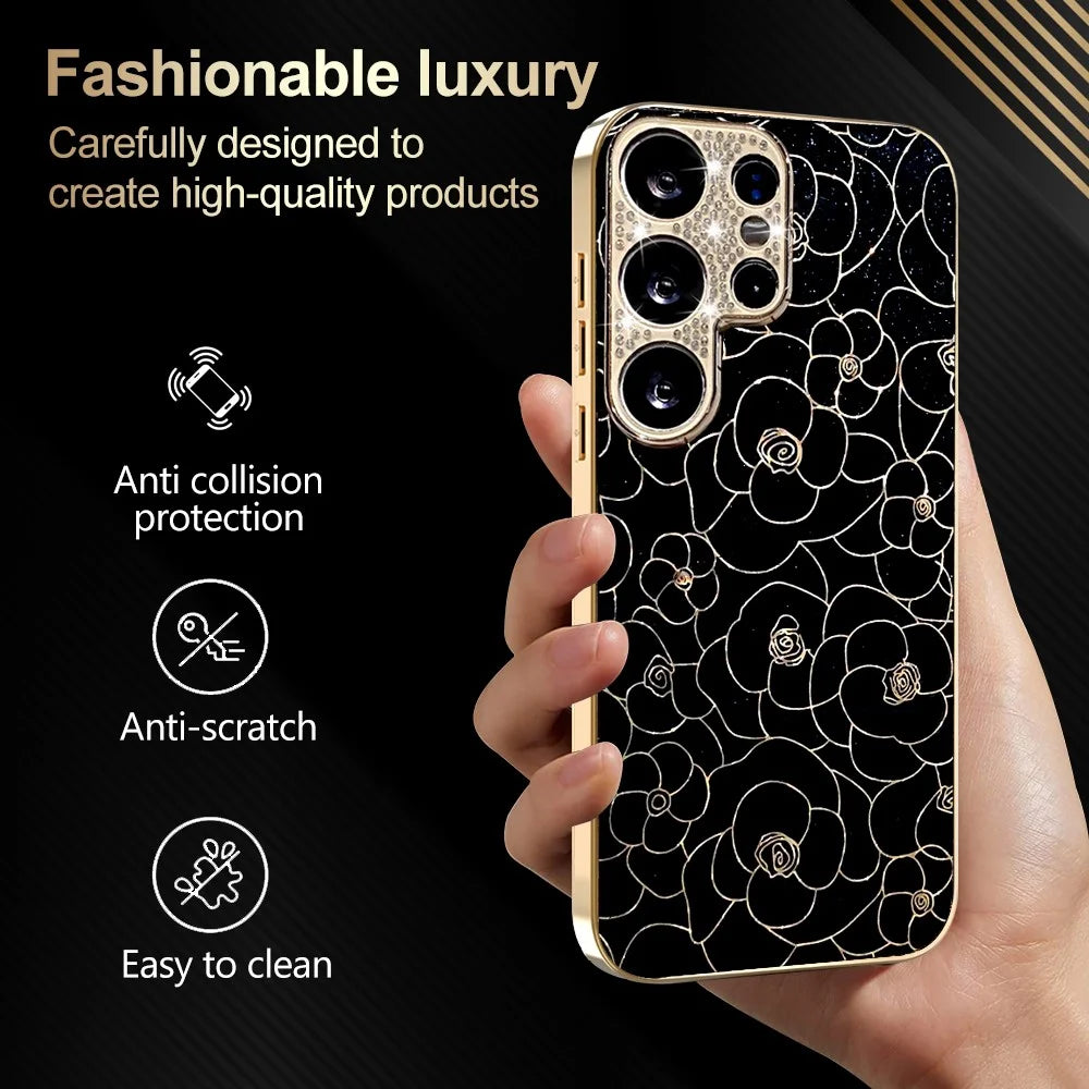 For Samsung Galaxy S25 Ultra Case Diamond Camera Ring Flower Pattern TPU PC Shockproof Protective Case - Black - 4