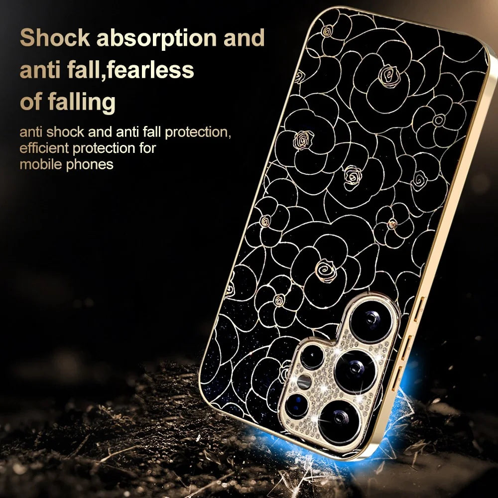 For Samsung Galaxy S25 Ultra Case Diamond Camera Ring Flower Pattern TPU PC Shockproof Protective Case - Black - 5