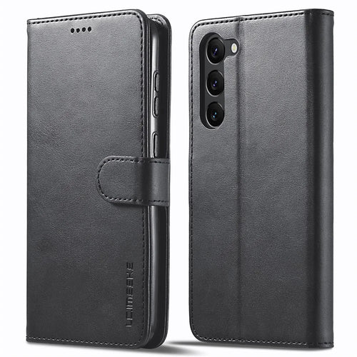LC.IMEEKE Shockproof Phone Case For Samsung Galaxy S23+, Calf Texture Magnetic Clasp PU Leather Wallet Stand Protective Cell Phone Cover - Black - 1