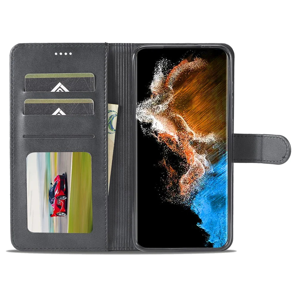 LC.IMEEKE Shockproof Phone Case For Samsung Galaxy S23+, Calf Texture Magnetic Clasp PU Leather Wallet Stand Protective Cell Phone Cover - Black - 2