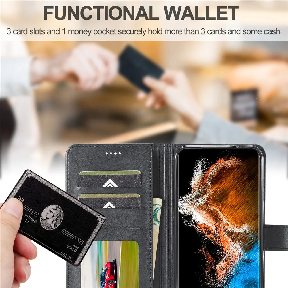 LC.IMEEKE Shockproof Phone Case For Samsung Galaxy S23+, Calf Texture Magnetic Clasp PU Leather Wallet Stand Protective Cell Phone Cover - Black - 6
