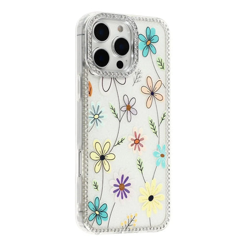 For iPhone 16 Pro Max Case Rhinestone Edge Flower TPU + PC IMD Phone Cover - F3 - 1