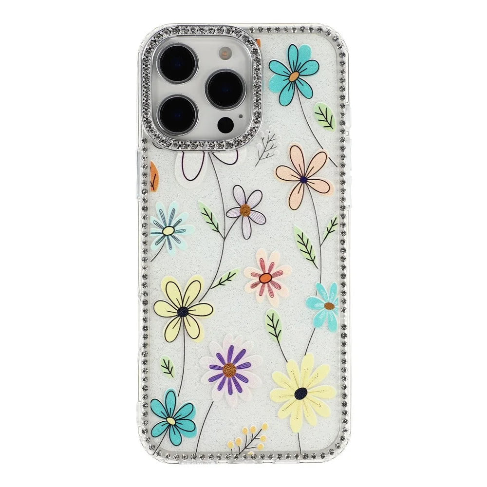 For iPhone 16 Pro Max Case Rhinestone Edge Flower TPU + PC IMD Phone Cover - F3 - 2