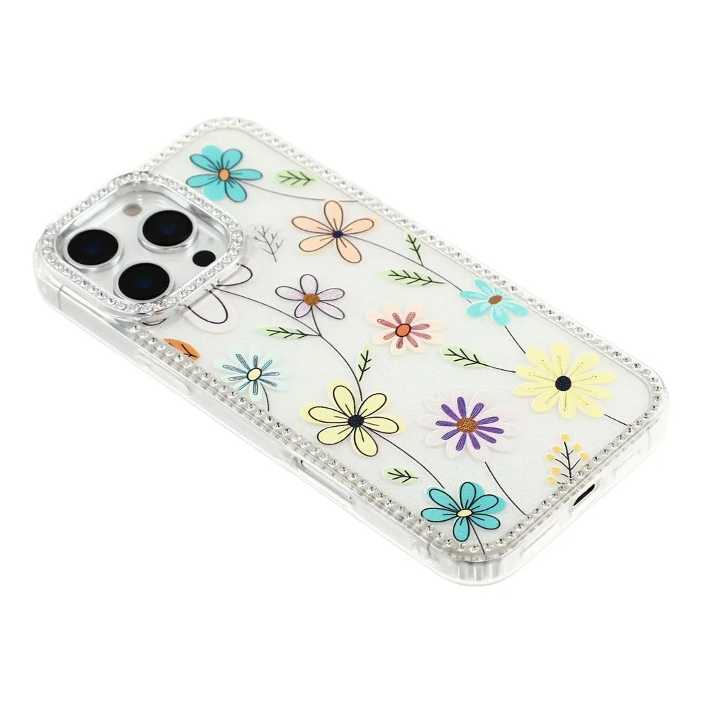 For iPhone 16 Pro Max Case Rhinestone Edge Flower TPU + PC IMD Phone Cover - F3 - 4