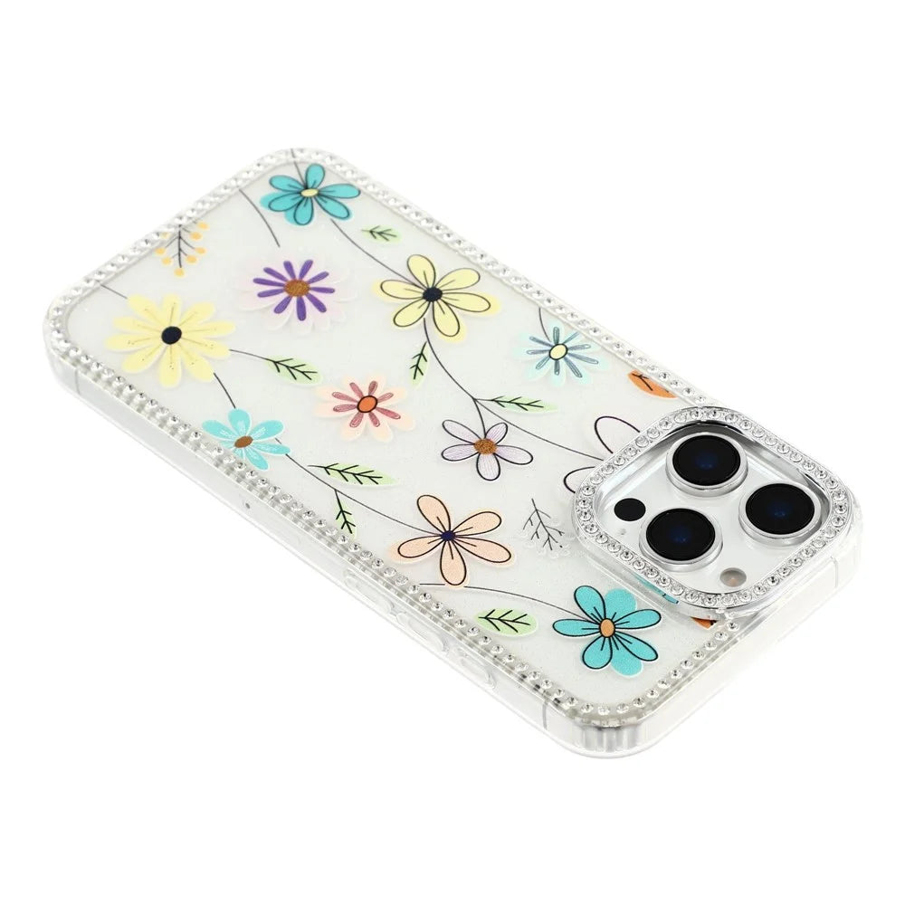 For iPhone 16 Pro Max Case Rhinestone Edge Flower TPU + PC IMD Phone Cover - F3 - 5