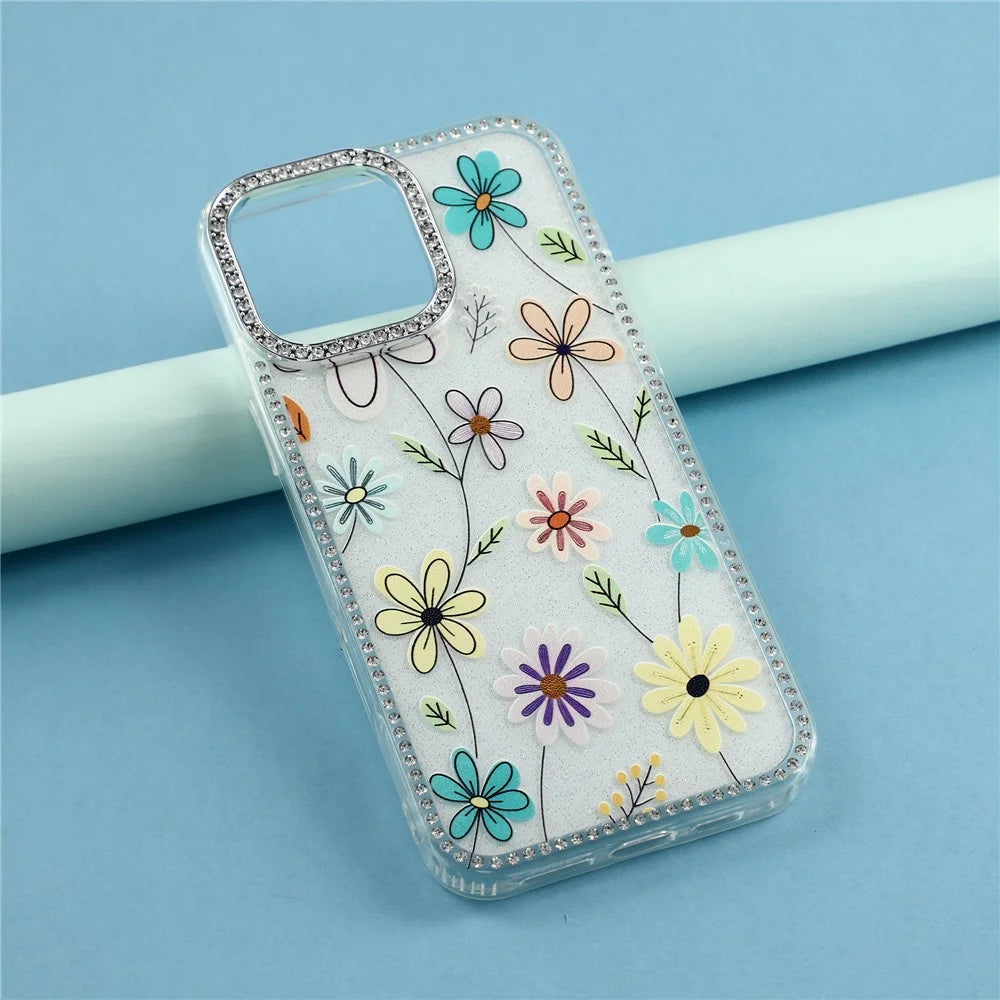 For iPhone 16 Pro Max Case Rhinestone Edge Flower TPU + PC IMD Phone Cover - F3 - 6